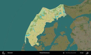 Thisted Kommune. Danimarka 'nın idari alanı koyu bir Topografik İnsani Biçim haritasına vurgulandı ve özetlendi