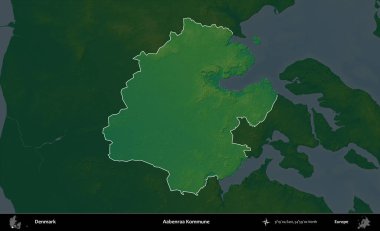Aabenraa Kommune. Danimarka 'nın idari alanı koyu renkli bir yükseklik haritasına vurgulandı ve özetlendi