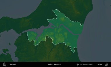 Aalborg Kommune. Danimarka 'nın idari alanı koyu renkli bir yükseklik haritasına vurgulandı ve özetlendi