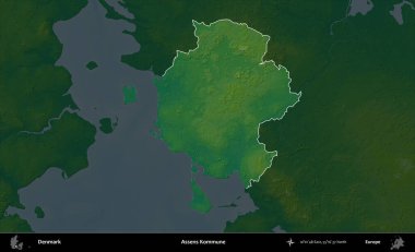 Assens Kommune. Danimarka 'nın idari alanı koyu renkli bir yükseklik haritasına vurgulandı ve özetlendi