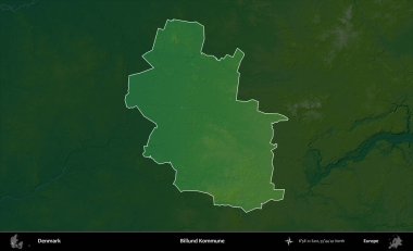 Billund Kommune. Danimarka 'nın idari alanı koyu renkli bir yükseklik haritasına vurgulandı ve özetlendi