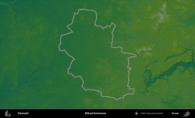 Billund Kommune. Danimarka 'nın idari alanı renkli bir yükseklik haritasında özetlenmiştir