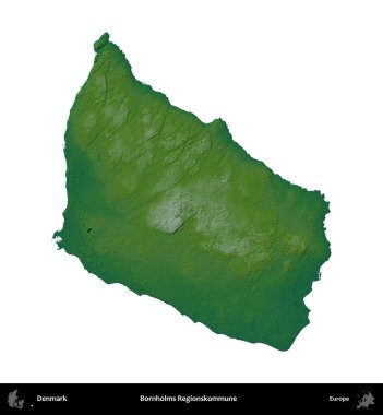 Bornholms Bölge Kommune 'de. Danimarka 'nın idari bölgesi renkli bir yükseklik haritasında beyaz üzerine izole edilmiş