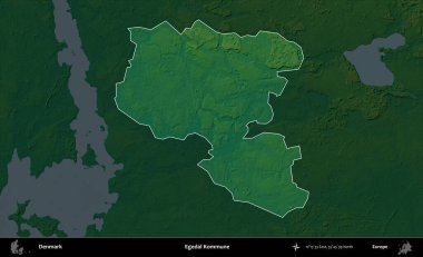 Egedal Kommune. Danimarka 'nın idari alanı koyu renkli bir yükseklik haritasına vurgulandı ve özetlendi