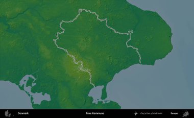 Faxe Kommune. Danimarka 'nın idari alanı renkli bir yükseklik haritasında özetlenmiştir