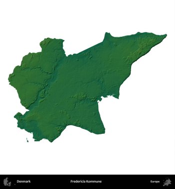 Fredericia Kommune. Danimarka 'nın idari bölgesi renkli bir yükseklik haritasında beyaz üzerine izole edilmiş
