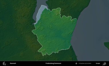 Fredensborg Kommune. Danimarka 'nın idari alanı koyu renkli bir yükseklik haritasına vurgulandı ve özetlendi