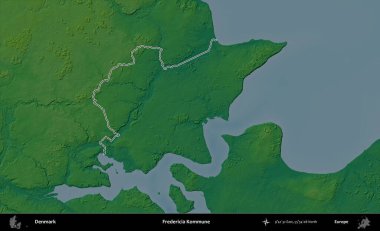 Fredericia Kommune. Danimarka 'nın idari alanı renkli bir yükseklik haritasında özetlenmiştir