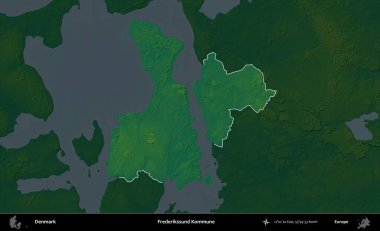 Frederikssund Kommune. Danimarka 'nın idari alanı koyu renkli bir yükseklik haritasına vurgulandı ve özetlendi