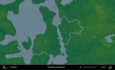 Frederikssund Kommune. Danimarka 'nın idari alanı renkli bir yükseklik haritasında özetlenmiştir