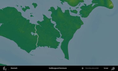 Guldborgsund Kommune. Danimarka 'nın idari alanı renkli bir yükseklik haritasında özetlenmiştir