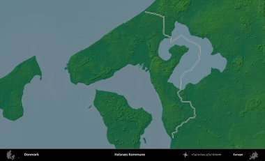 Halsnes Kommune. Danimarka 'nın idari alanı renkli bir yükseklik haritasında özetlenmiştir