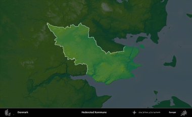 Hedensted Kommune. Danimarka 'nın idari alanı koyu renkli bir yükseklik haritasına vurgulandı ve özetlendi