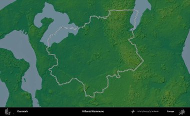 Hillered Kommune. Danimarka 'nın idari alanı renkli bir yükseklik haritasında özetlenmiştir