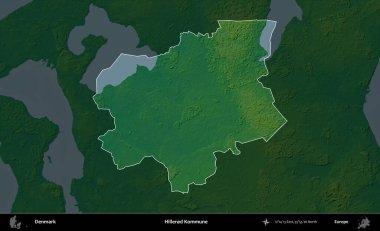 Hillered Kommune. Danimarka 'nın idari alanı koyu renkli bir yükseklik haritasına vurgulandı ve özetlendi
