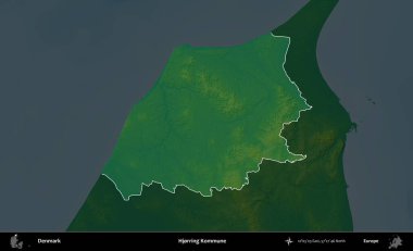 Hjorring Kommune. Danimarka 'nın idari alanı koyu renkli bir yükseklik haritasına vurgulandı ve özetlendi