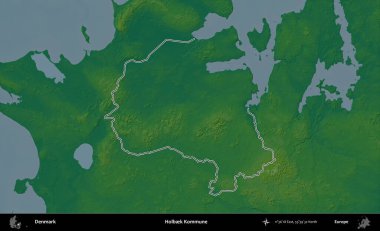 Holbek Kommune. Danimarka 'nın idari alanı renkli bir yükseklik haritasında özetlenmiştir