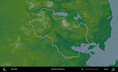 Horsens Kommune. Danimarka 'nın idari alanı renkli bir yükseklik haritasında özetlenmiştir