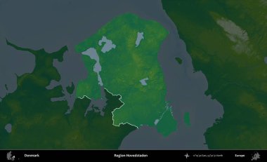 Bölge Hovedstaden. Danimarka 'nın idari alanı koyu renkli bir yükseklik haritasına vurgulandı ve özetlendi