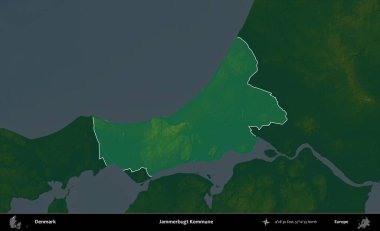 Jammerbugt Kommune. Danimarka 'nın idari alanı koyu renkli bir yükseklik haritasına vurgulandı ve özetlendi