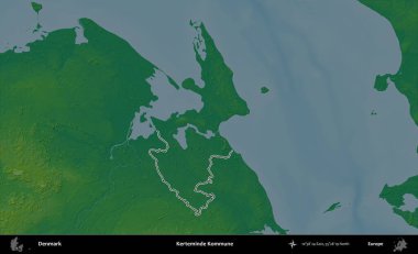 Kerteminde Kommune. Danimarka 'nın idari alanı renkli bir yükseklik haritasında özetlenmiştir