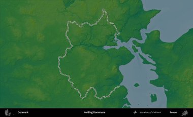 Kolding Kommune. Danimarka 'nın idari alanı renkli bir yükseklik haritasında özetlenmiştir