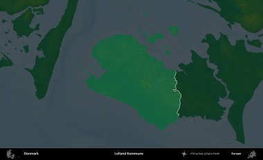 Lolland Kommune. Danimarka 'nın idari alanı koyu renkli bir yükseklik haritasına vurgulandı ve özetlendi