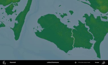 Lolland Kommune. Danimarka 'nın idari alanı renkli bir yükseklik haritasında özetlenmiştir