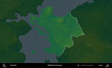 Middelosuruk Kommune. Danimarka 'nın idari alanı koyu renkli bir yükseklik haritasına vurgulandı ve özetlendi