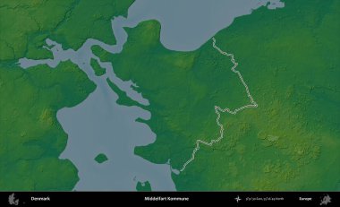 Middelosuruk Kommune. Danimarka 'nın idari alanı renkli bir yükseklik haritasında özetlenmiştir