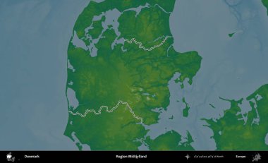 Midtjylland Bölgesi. Danimarka 'nın idari alanı renkli bir yükseklik haritasında özetlenmiştir