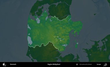 Midtjylland Bölgesi. Danimarka 'nın idari alanı koyu renkli bir yükseklik haritasına vurgulandı ve özetlendi