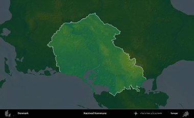 Yuvalı Kommune. Danimarka 'nın idari alanı koyu renkli bir yükseklik haritasına vurgulandı ve özetlendi