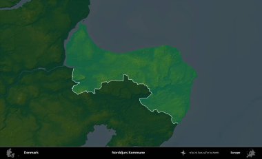 Norddjurs Kommune. Danimarka 'nın idari alanı koyu renkli bir yükseklik haritasına vurgulandı ve özetlendi