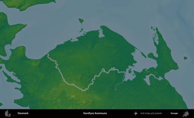 Nordfyns Kommune. Danimarka 'nın idari alanı renkli bir yükseklik haritasında özetlenmiştir