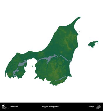 Nordjylland Bölgesi. Danimarka 'nın idari bölgesi renkli bir yükseklik haritasında beyaz üzerine izole edilmiş