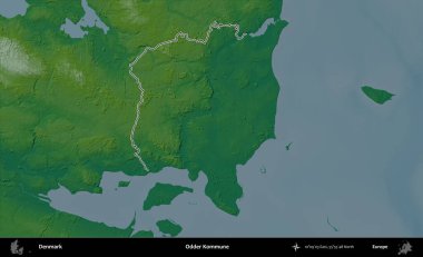 Garip Kommune. Danimarka 'nın idari alanı renkli bir yükseklik haritasında özetlenmiştir