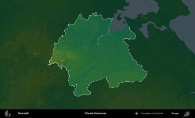 Odense Kommune. Danimarka 'nın idari alanı koyu renkli bir yükseklik haritasına vurgulandı ve özetlendi
