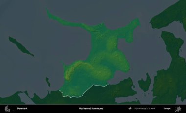 Garip Kommune. Danimarka 'nın idari alanı koyu renkli bir yükseklik haritasına vurgulandı ve özetlendi