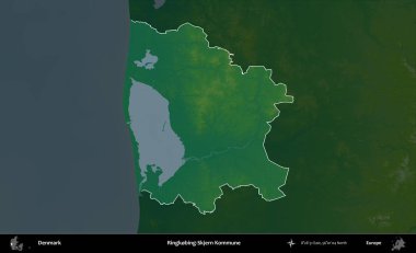 Ringkobing-Skjern Kommune. Danimarka 'nın idari alanı koyu renkli bir yükseklik haritasına vurgulandı ve özetlendi
