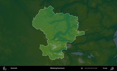 Silkeborg Kommune. Danimarka 'nın idari alanı koyu renkli bir yükseklik haritasına vurgulandı ve özetlendi