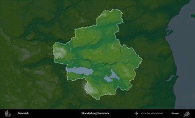Skanderborg Kommune. Danimarka 'nın idari alanı koyu renkli bir yükseklik haritasına vurgulandı ve özetlendi