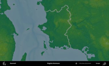 Slagelse Kommune. Danimarka 'nın idari alanı renkli bir yükseklik haritasında özetlenmiştir