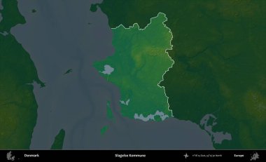 Slagelse Kommune. Danimarka 'nın idari alanı koyu renkli bir yükseklik haritasına vurgulandı ve özetlendi