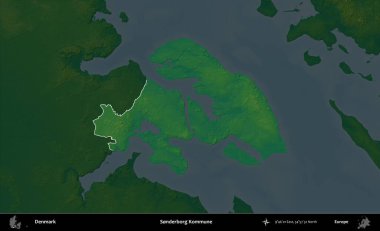 Sonderborg Kommune. Danimarka 'nın idari alanı koyu renkli bir yükseklik haritasına vurgulandı ve özetlendi