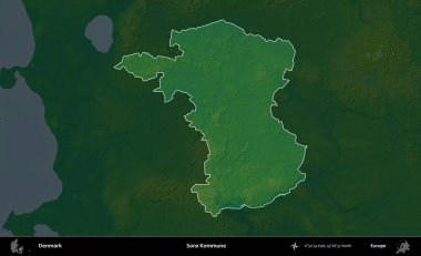 Soro Kommune. Danimarka 'nın idari alanı koyu renkli bir yükseklik haritasına vurgulandı ve özetlendi
