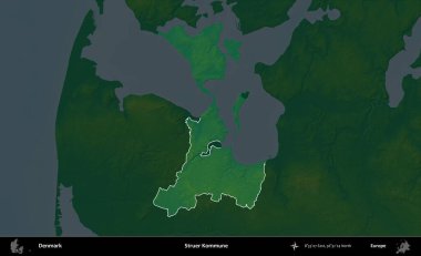 Struer Kommune. Danimarka 'nın idari alanı koyu renkli bir yükseklik haritasına vurgulandı ve özetlendi