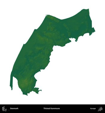 Thisted Kommune. Danimarka 'nın idari bölgesi renkli bir yükseklik haritasında beyaz üzerine izole edilmiş