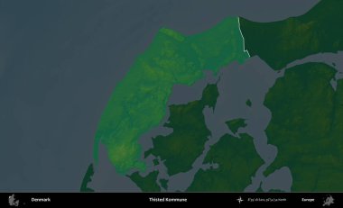 Thisted Kommune. Danimarka 'nın idari alanı koyu renkli bir yükseklik haritasına vurgulandı ve özetlendi