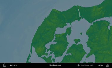 Thisted Kommune. Danimarka 'nın idari alanı renkli bir yükseklik haritasında özetlenmiştir